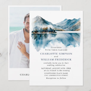 Elegant Watercolor Mountains Forest Wedding Photo Invitation