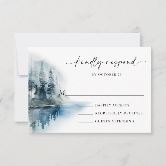 Elegant Watercolor Mountains Forest Wedding RSVP Card (Front)