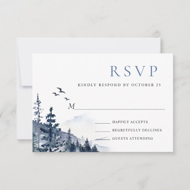 Elegant Watercolor Mountains Forest Wedding RSVP Card (Front)
