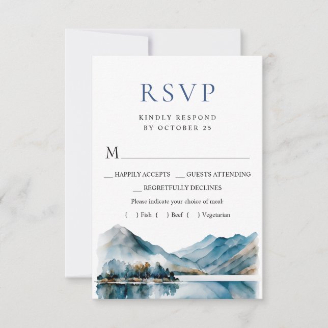 Elegant Watercolor Mountains Forest Wedding RSVP Card (Front)