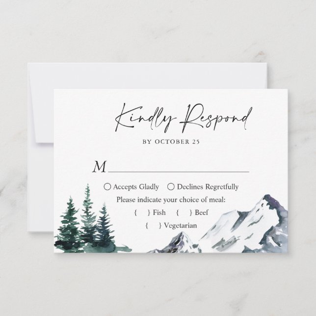 Elegant Watercolor Mountains Forest Wedding  RSVP Card (Front)