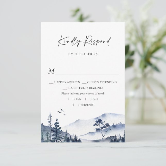 Elegant Watercolor Mountains Forest Wedding RSVP Card (Standing Front)