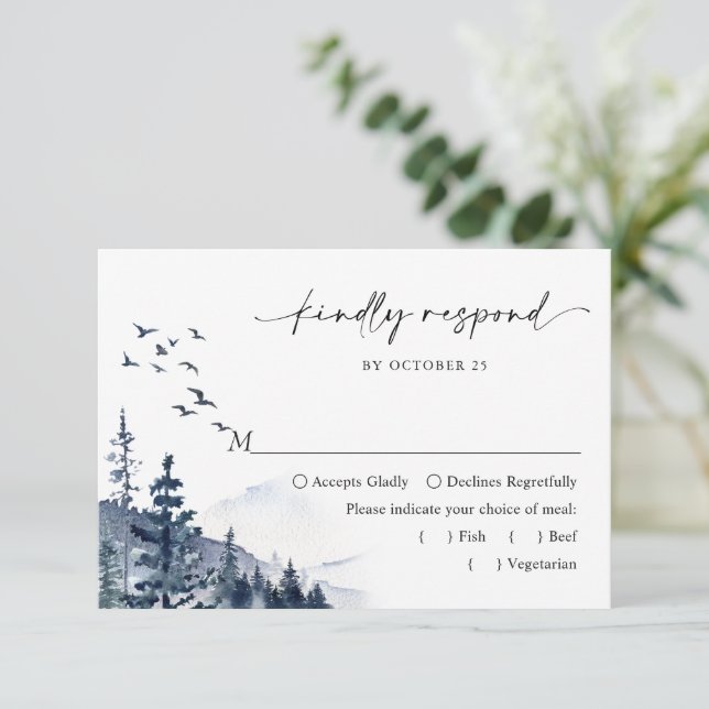 Elegant Watercolor Mountains Forest Wedding RSVP Card (Standing Front)
