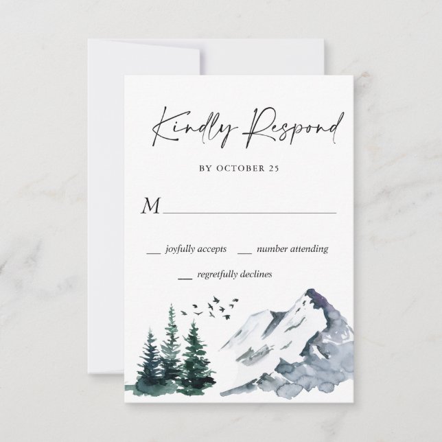 Elegant Watercolor Mountains Forest Wedding  RSVP  Card (Front)