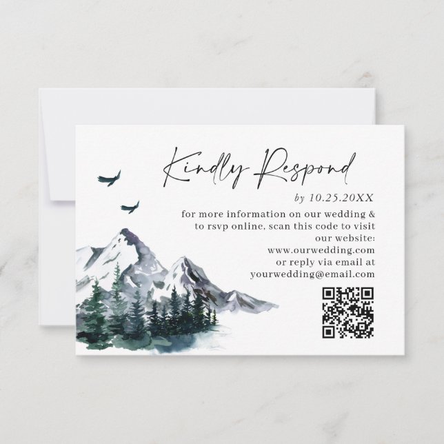 Elegant Watercolor Mountains Forest Wedding RSVP Card (Front)