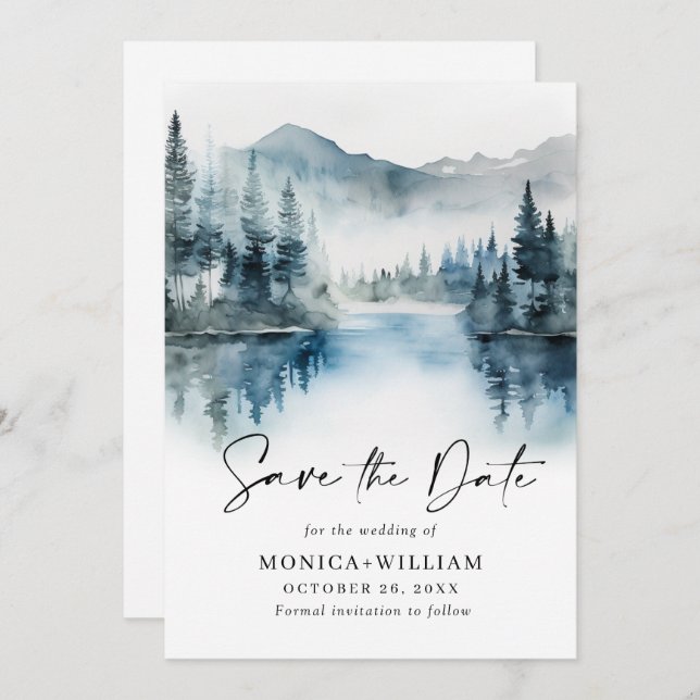 Elegant Watercolor Mountains Forest Wedding Save The Date (Front/Back)
