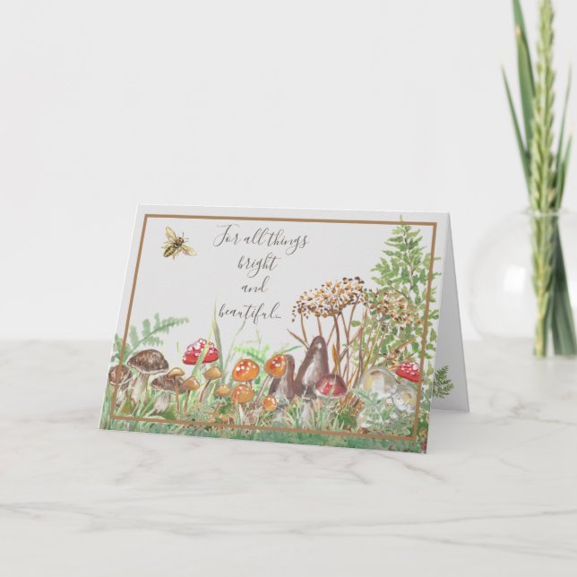 Elegant Watercolor Mushroom Bee Fern Thanksgiving Holiday Card (Front)