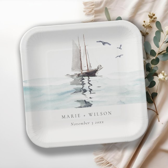 Elegant Watercolor Nautical Sailing Yacht Wedding Paper Plate (Creator Uploaded)
