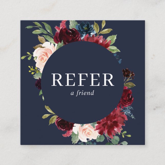 Elegant Watercolor Navy Blue Burgundy Flowers Referral Card (Front)