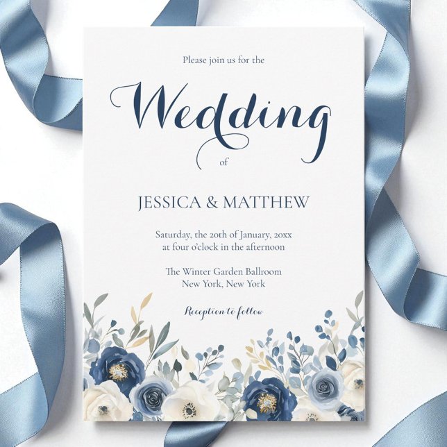 Elegant Watercolor Navy Blue Floral Script Wedding Invitation (Elegant Watercolor Navy Blue Floral Script Wedding Invitation)