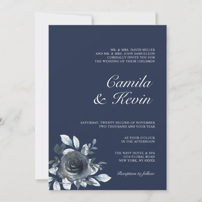 Elegant Watercolor Navy Blue Floral Wedding Invitation (Front)