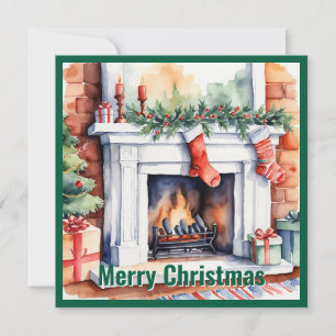 Elegant Watercolor Non Photo Christmas Fireplace Holiday Card