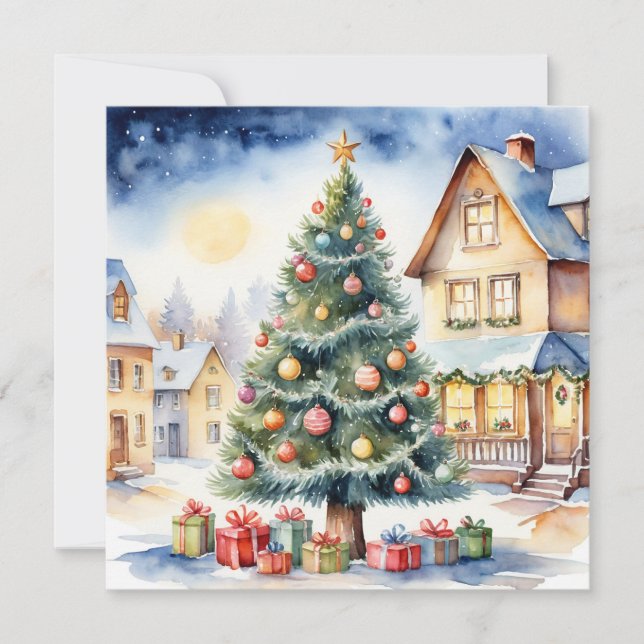Elegant Watercolor Non Photo Christmas Tree  Holiday Card (Front)
