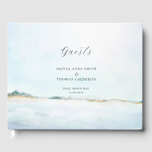 Elegant Watercolor Ocean Beach Wedding Guestbook (Front)