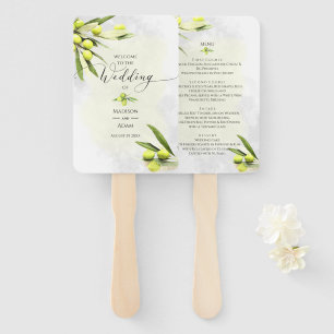 Elegant Watercolor Olive Branches Wedding Menu Hand Fan
