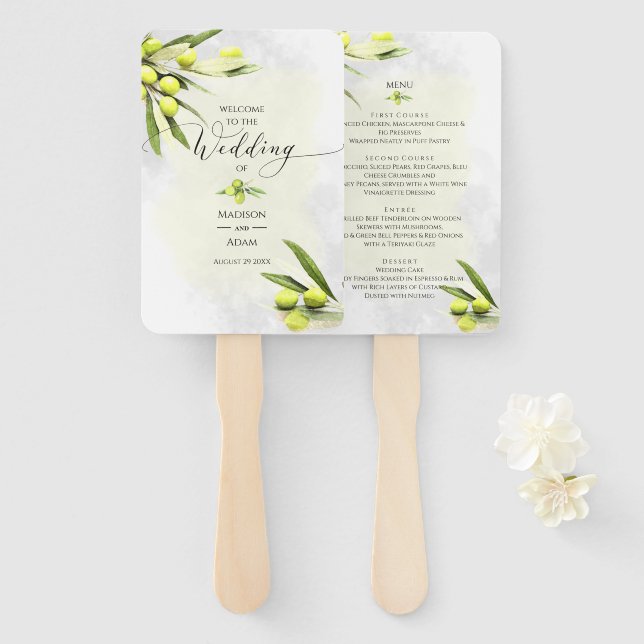 Elegant Watercolor Olive Branches Wedding Menu Hand Fan (Front and Back)