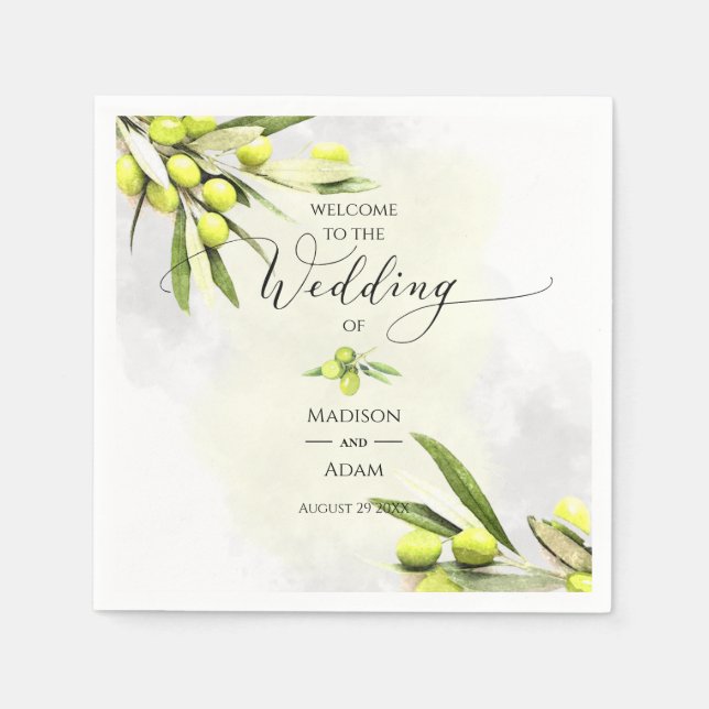 Elegant Watercolor Olive Branches Wedding Napkin (Front)