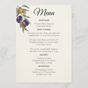 Elegant Watercolor Olive Wedding Menu