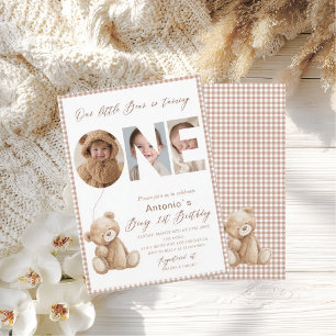 Elegant Watercolor One 1st Birthday Bear Photo Bo Invitation