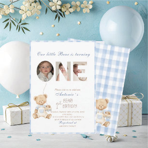 Elegant Watercolor One 1st Birthday Bear Photo Bo Invitation