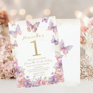 Elegant  Watercolor One 1st Birthday Butterfly Gir Invitation