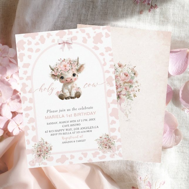 Elegant  Watercolor One 1st Birthday holy cow girl Invitation (Creator Uploaded)