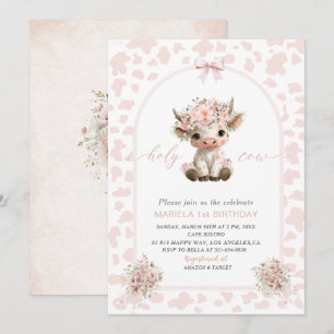 Elegant  Watercolor One 1st Birthday holy cow girl Invitation