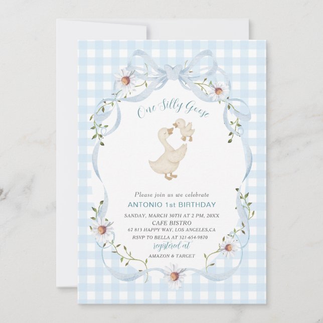 Elegant  Watercolor One 1st Birthday silly goose G Invitation (Front)