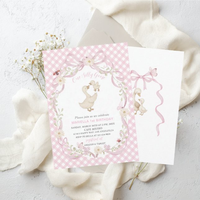 Elegant  Watercolor One 1st Birthday silly goose G Invitation (Creator Uploaded)