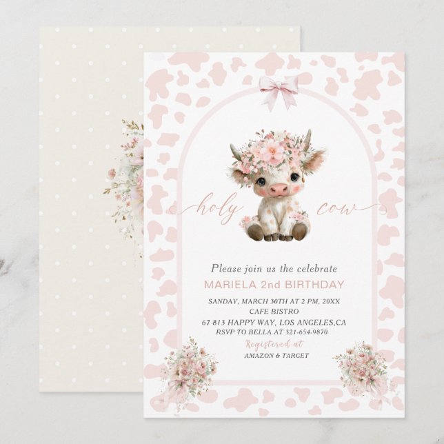 Elegant  Watercolor One 2nd Birthday holy cow girl Invitation (Front/Back)