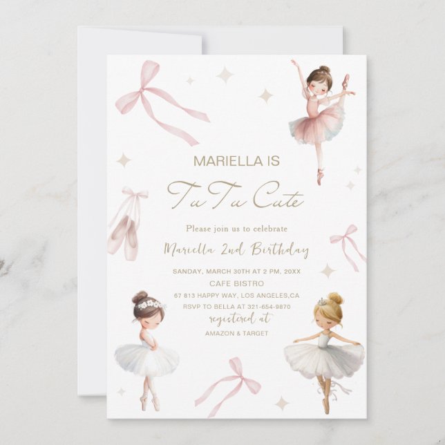 Elegant  Watercolor One 2nd Birthday tutu cute Gir Invitation (Front)