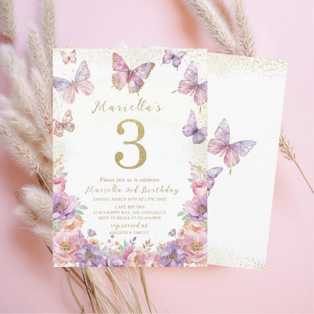 Elegant  Watercolor One 3rd Birthday Butterfly Gir Invitation (Creator Uploaded)