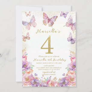 Elegant  Watercolor One 4th Birthday Butterfly Gir Invitation