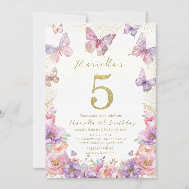 Elegant  Watercolor One 5th Birthday Butterfly Gir Invitation (Front)