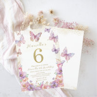 Elegant  Watercolor One 6th Birthday Butterfly Gir