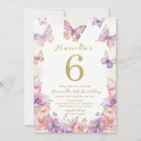 Elegant Watercolor One 6th Birthday Butterfly Gir