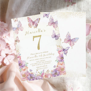 Elegant  Watercolor One 7th Birthday Butterfly Gir Invitation