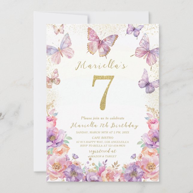 Elegant  Watercolor One 7th Birthday Butterfly Gir Invitation (Front)