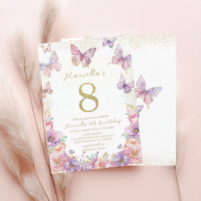 Elegant  Watercolor One 8th Birthday Butterfly Gir Invitation (Creator Uploaded)