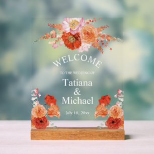 elegant watercolor orange floral welcome wedding  acrylic sign