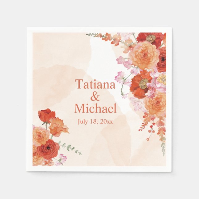 elegant watercolor orange flowers stylish wedding  napkin (Front)