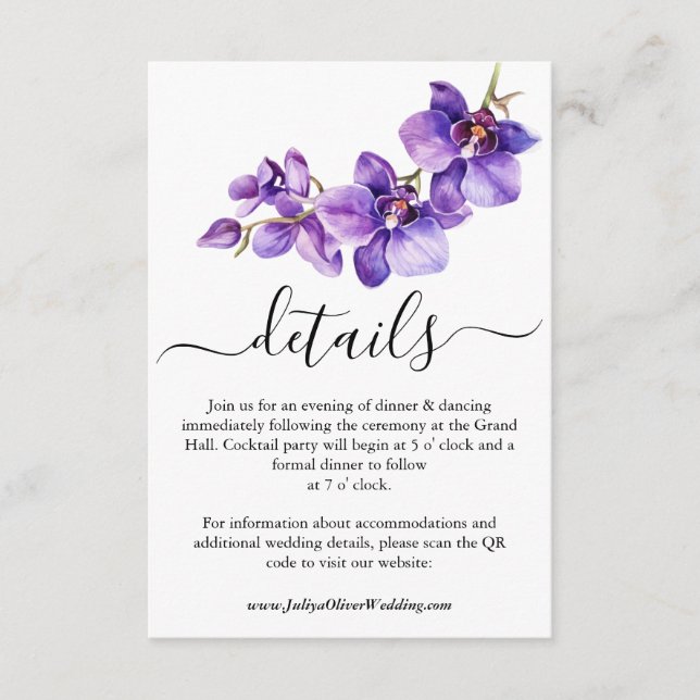Elegant watercolor Orchid  wedding Details Enclosure Card (Front)