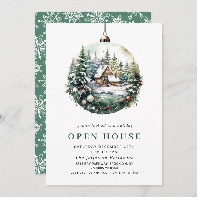 Elegant Watercolor Ornament Christmas OPEN HOUSE Invitation (Front/Back)