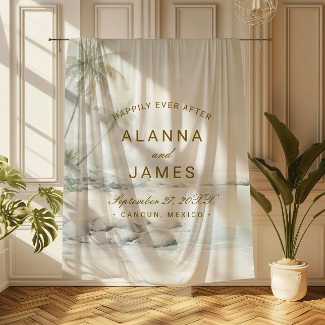 Elegant Watercolor Palm Beach Wedding Keepsake Fleece Blanket (Beach-themed wedding tapestry with “Alanna and James” text hanging in a sunlit room.)
