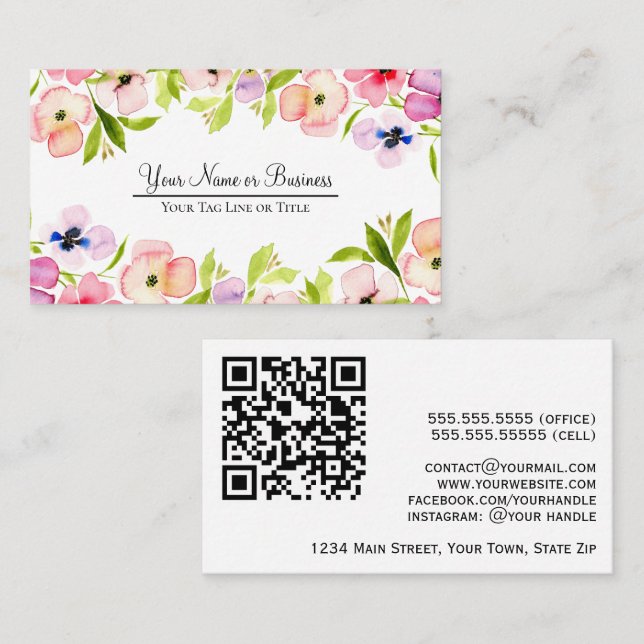 Elegant Watercolor Pansies Feminine QR Code Business Card (Front/Back)