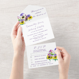 Elegant Watercolor Pansies Floral Wedding All In One Invitation