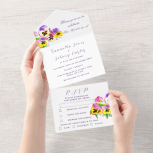 Elegant Watercolor Pansies Floral Wedding All In One Invitation