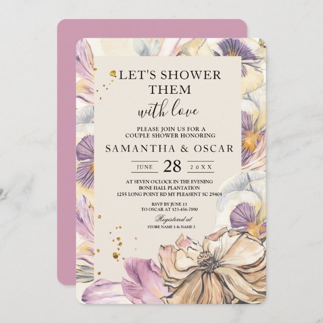 Elegant Watercolor Pansy & Purple Flowers  Invitation (Front/Back)
