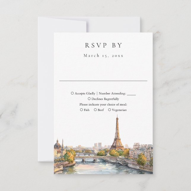 Elegant Watercolor Paris France Wedding RSVP Card (Front)