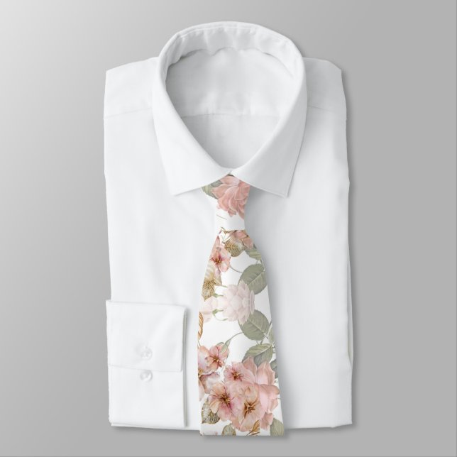 Elegant Watercolor Pastel Flowers and Pink Roses  Tie (Tied)